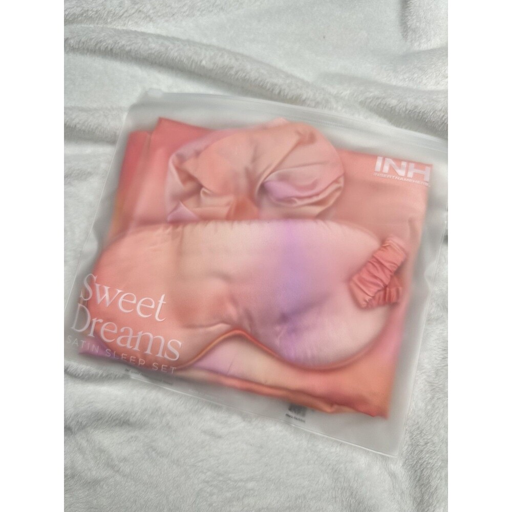 INH Sweet Dreams Satin Sleep Set Pillowcase Eye Mask Scrunchie Pink Orange New